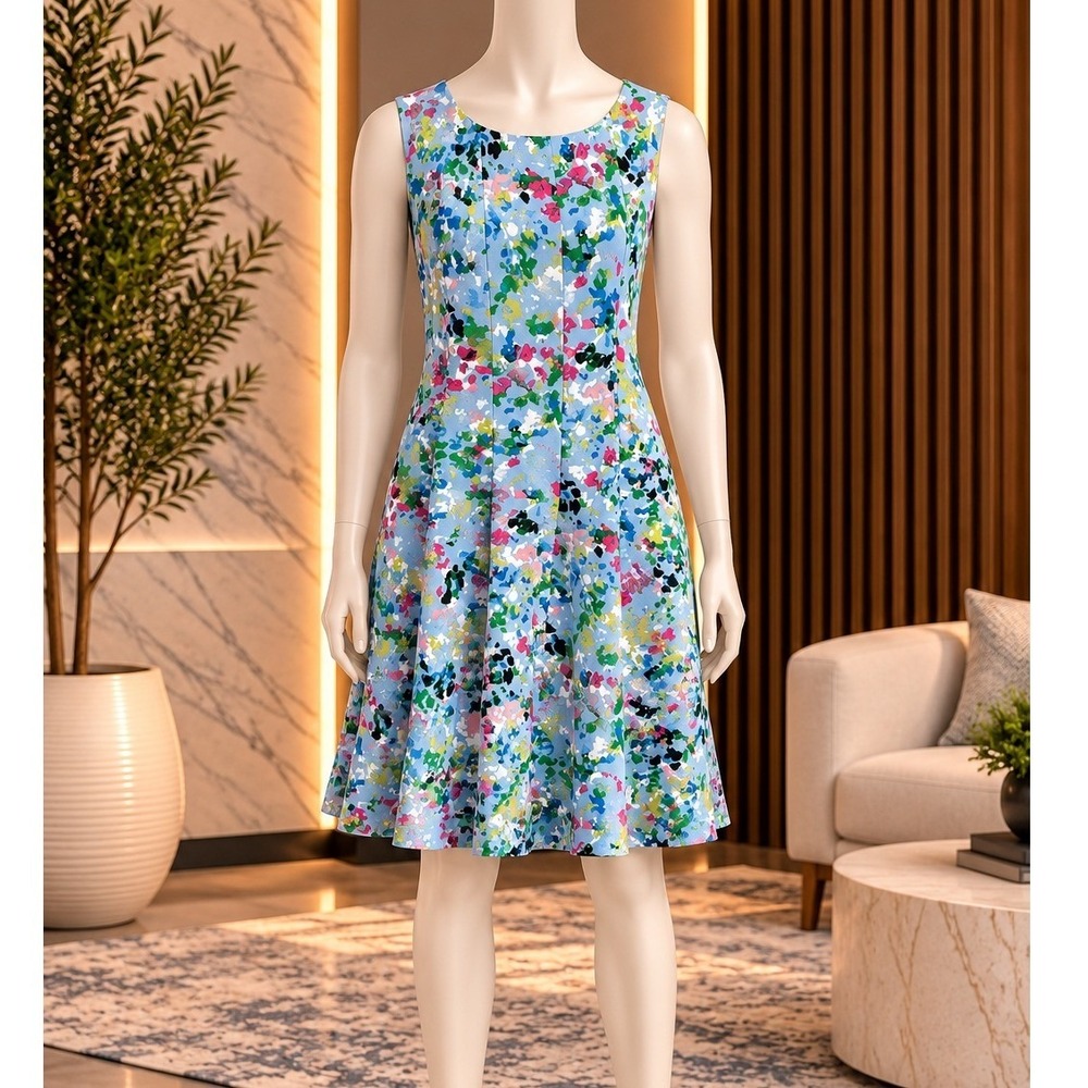 Anne Klein Womens Dress Abstract Floral Sleeveless Fit and Flare Blue Multi 16